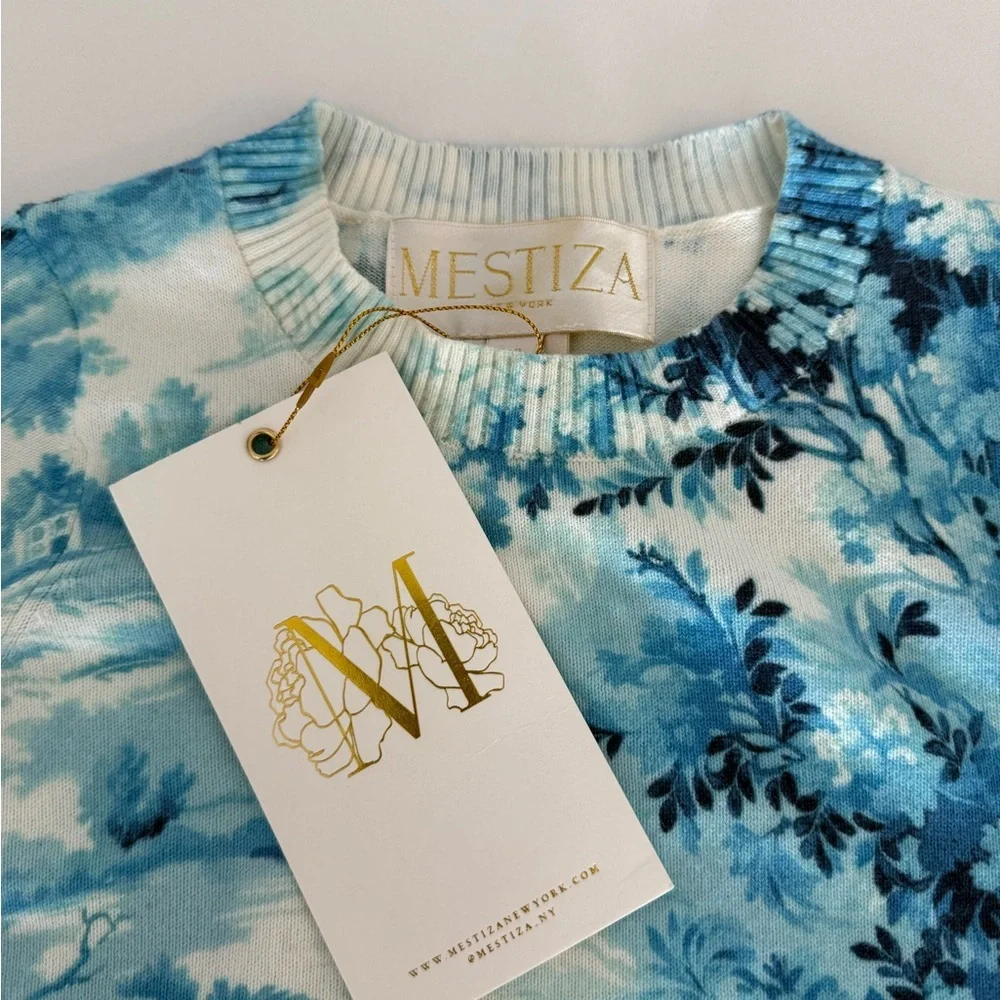 NWT Mestiza Phoebe Blue Toile Scenic Knit Sweater Storybook
